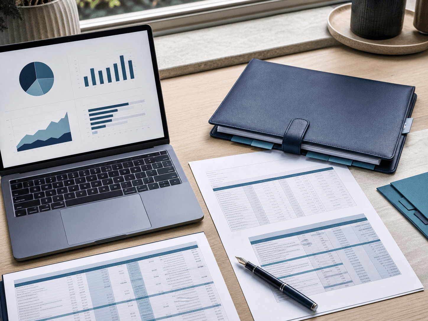 An organised accounting workspace with reports ready for review